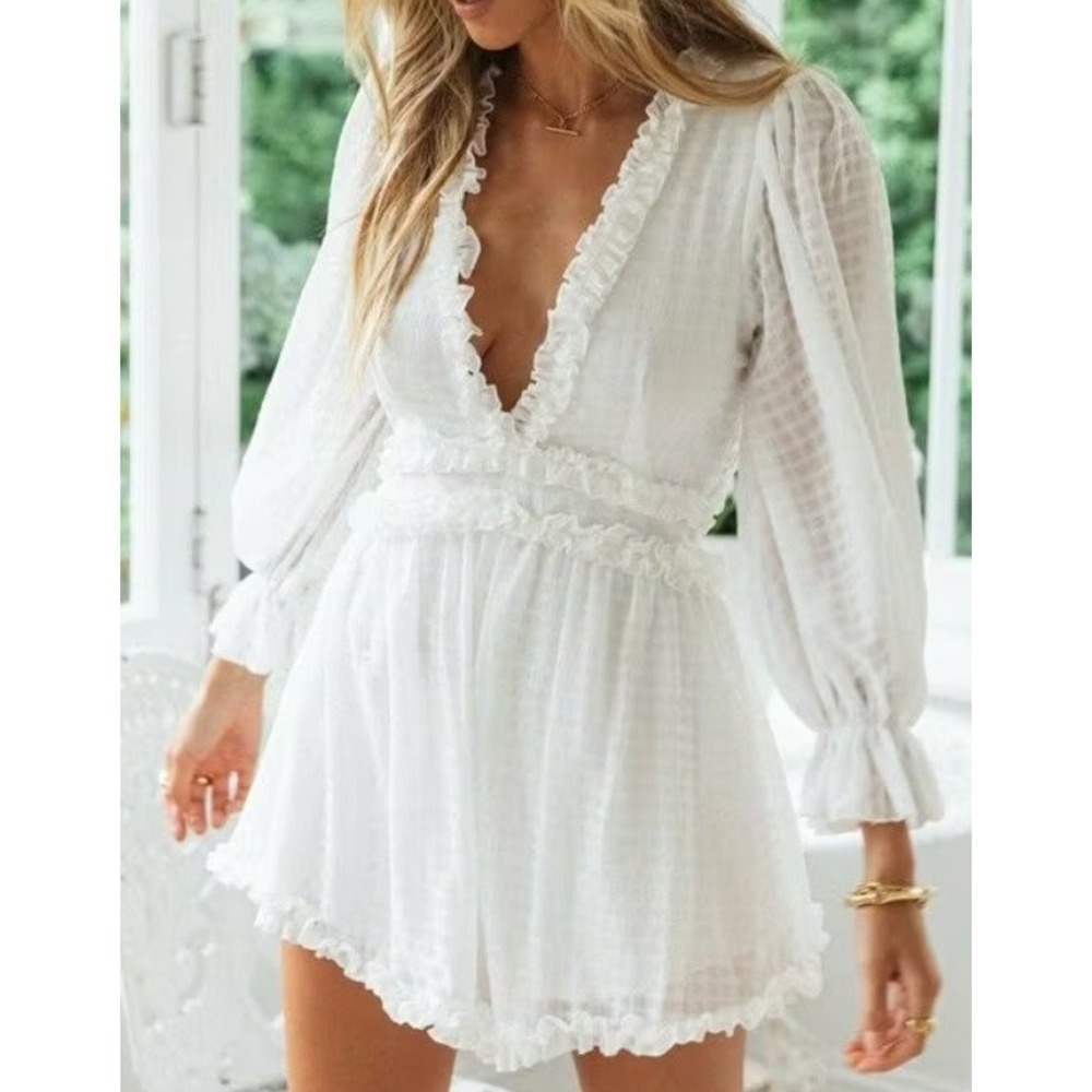 R209. Plunge Neck Open Back Ruffle Romper